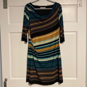 Loft, Tan/teal/black striped, lined dress, size L. 3/4 sleeve, side ruching.